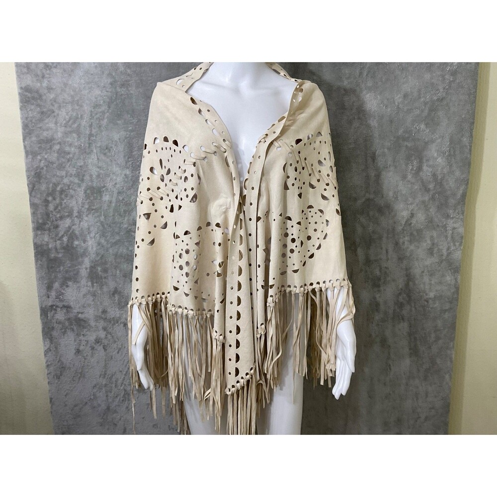 Faux Suede FRINGE WRAP SHAWL BOHO Western laser cut buckskin color Origami